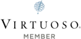 Virtuoso logo&mdash;elegant serif text with a blue crest above, minimalist and refined.