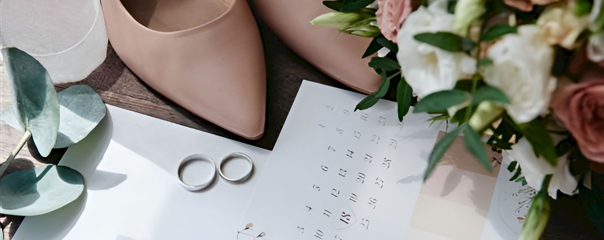 A wedding vibe: blush heels, rings, bouquet, and a calendar page like a planning scene, with greenery and soft light ending here.