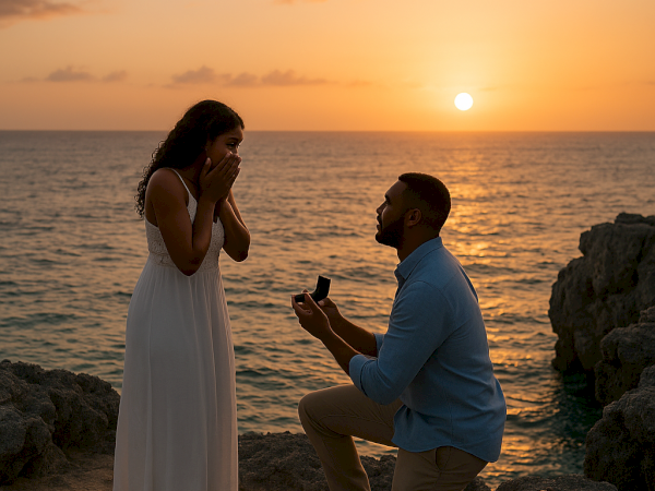A couple on a beach at sunset; the man proposes with a ring while the woman covers her mouth in surprise.