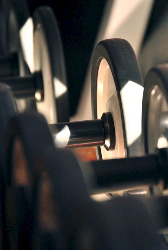 A row of dumbbells on a weight rack, close-up focusing on the metal bars and circular plates, ready for strength training.