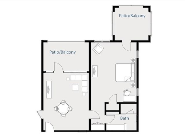 A floor plan showing a two-bedroom apartment with two patio/balconies, a living/dining area, a kitchen, a bathroom, and an entry.
