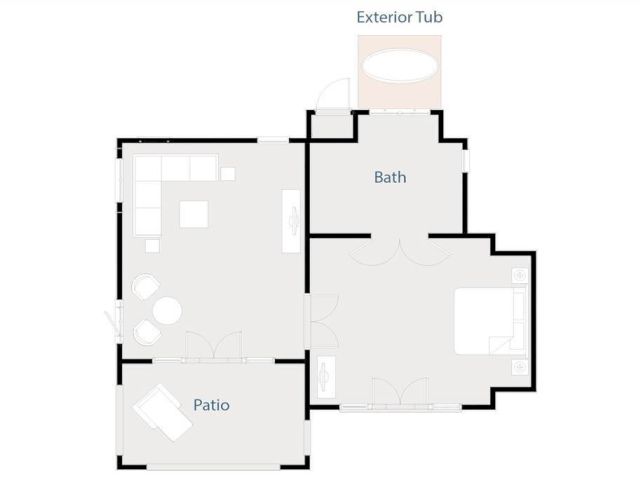 A floor plan showing a bath, exterior tub area above, a patio on the left, and a central living area with doorway openings, ending with a simple layout.