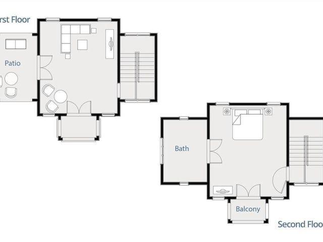 Two-story apartment floor plan: first floor has a living room, dining space, kitchen, patio, and entry; second floor features a bedroom, bath, and a balcony.