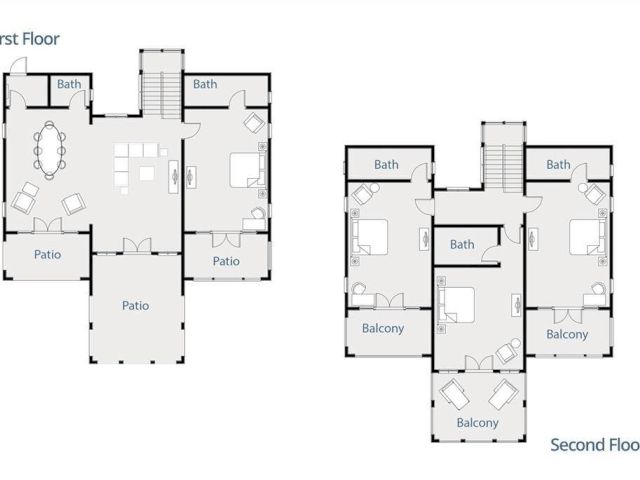 A two-story floor plan showing a first floor with living areas, dining room, kitchen, patios, and baths, plus a second floor with bedrooms, baths, and balconies.
