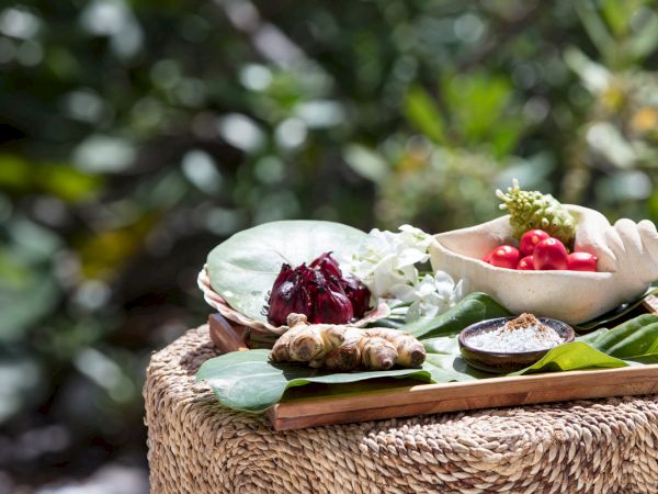 A spread of fresh fruits and snacks on a wooden tray: white plates with red berries, ginger, leafy greens, and small bowls&mdash;placed on a woven surface.