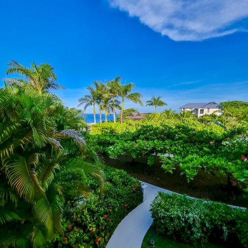 A sunny tropical garden with lush green bushes, palm trees, a winding path, and a glimpse of the ocean under a bright blue sky.