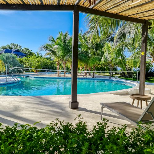 A sunny resort pool scene with clear blue water, palm trees, lounge chairs, shade structure, and a bright, tropical vibe.