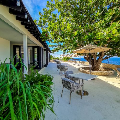 A seaside resort patio with white sand, green plants, string of chairs, umbrellas, and a bright blue sky over calm ocean&mdash;tropical and inviting.