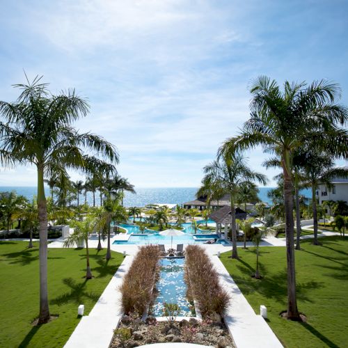 A lush garden scene with a central stone path leading to a fountain, surrounded by palm trees and a bright blue sky.