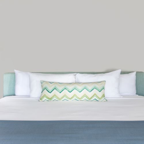 A bright bedroom with a large bed, white bedding, and a long decorative pillow; plants visible at the window sides, soft natural light.