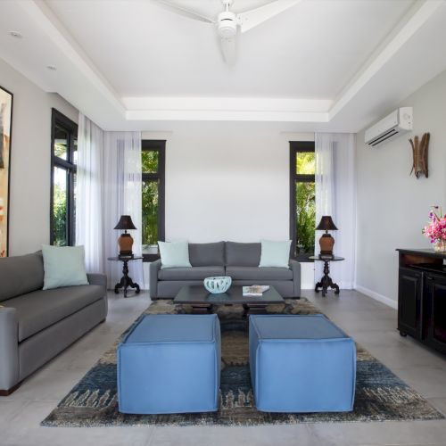 A bright, modern living room with a blue sofa, wall art, plants, and a coffee table, plus plenty of natural light.