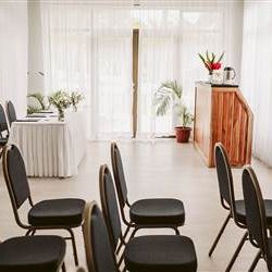 A bright, minimalist event room with white curtains, rows of black chairs, potted plants, and a small wooden podium at the front.