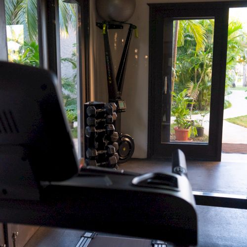 A home gym with a treadmill facing open doors to a garden, with weights on a rack and a scenic outdoor path, end it neatly.