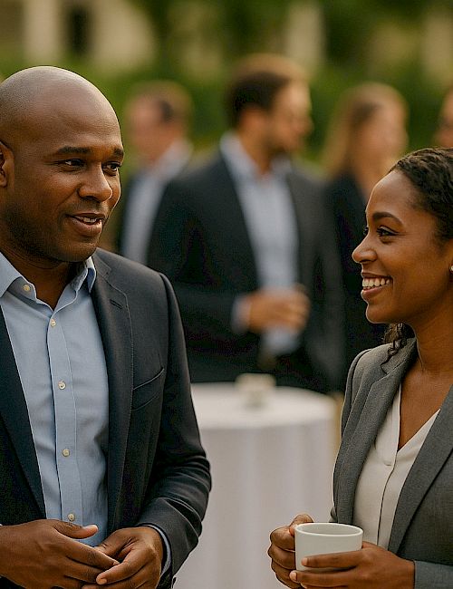 Two professionals chat at a networking event, smiling, with others mingling in the background and drinks on small tables.
