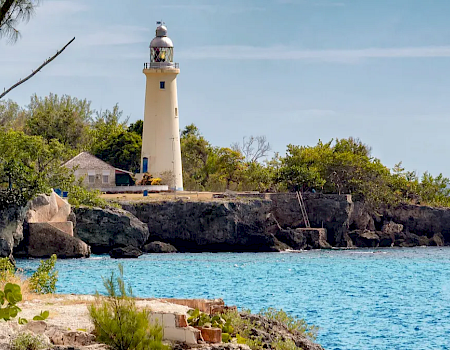 A white lighthouse stands on rocky shore by turquoise water, with green shrubs and a clear blue sky in a coastal scene.