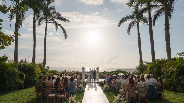 A tropical outdoor wedding ceremony on a sunny lawn, with palm trees, guests seated, a white aisle, and the ocean in the background, ending with the couple at the altar.