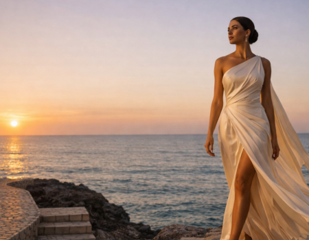 A woman in a flowing white dress stands on rocky steps by the sea at sunset, gazing toward the horizon.
