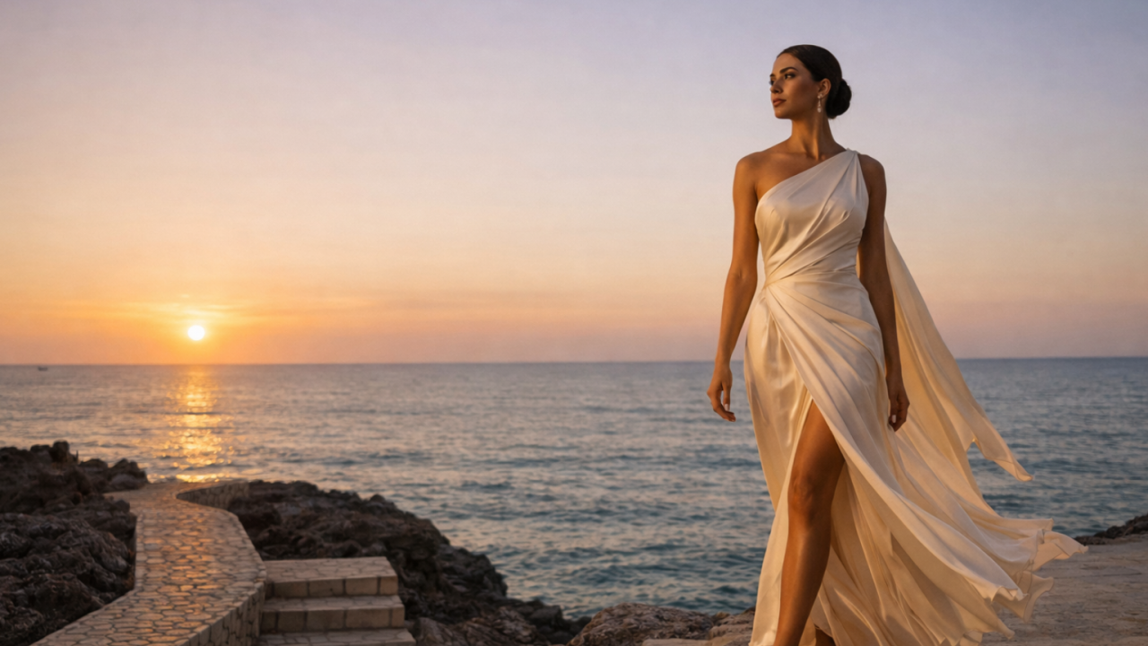 A woman in a flowing white dress stands on rocky steps by the sea at sunset, gazing toward the horizon.