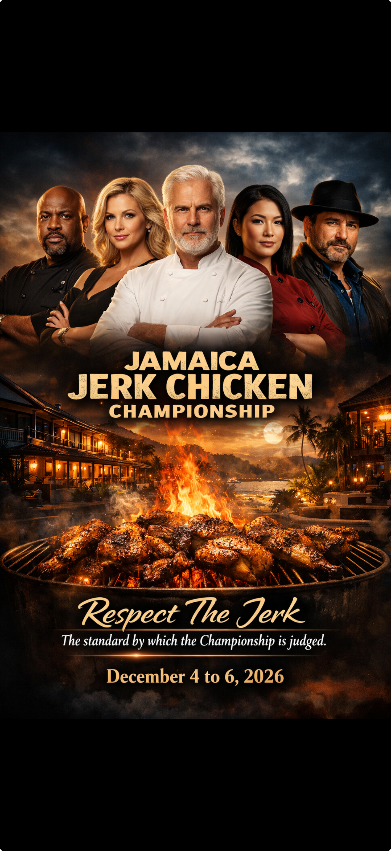 Five people pose above a blazing grill of jerk chicken against a tropical resort backdrop; bold text promotes the Jamaica Jerk Chicken Championship, with the tagline &ldquo;Respect The Jerk.&rdquo;