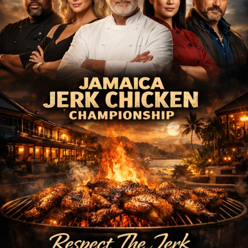 A poster for "Jamaica Jerk Chicken Championship" featuring five judges above a blazing grill, with the tagline &ldquo;Respect The Jerk&rdquo; and dates December 4 to 6, 2026.