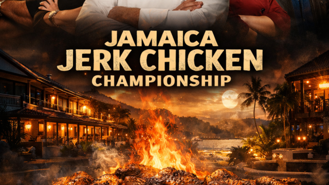 A poster for "Jamaica Jerk Chicken Championship" featuring five judges above a blazing grill, with the tagline &ldquo;Respect The Jerk&rdquo; and dates December 4 to 6, 2026.